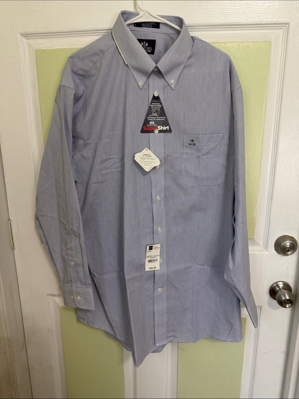 (0000) Stafford Light Blue Pinstripe Button-Down Dress Shirt, Size: 18 34/35